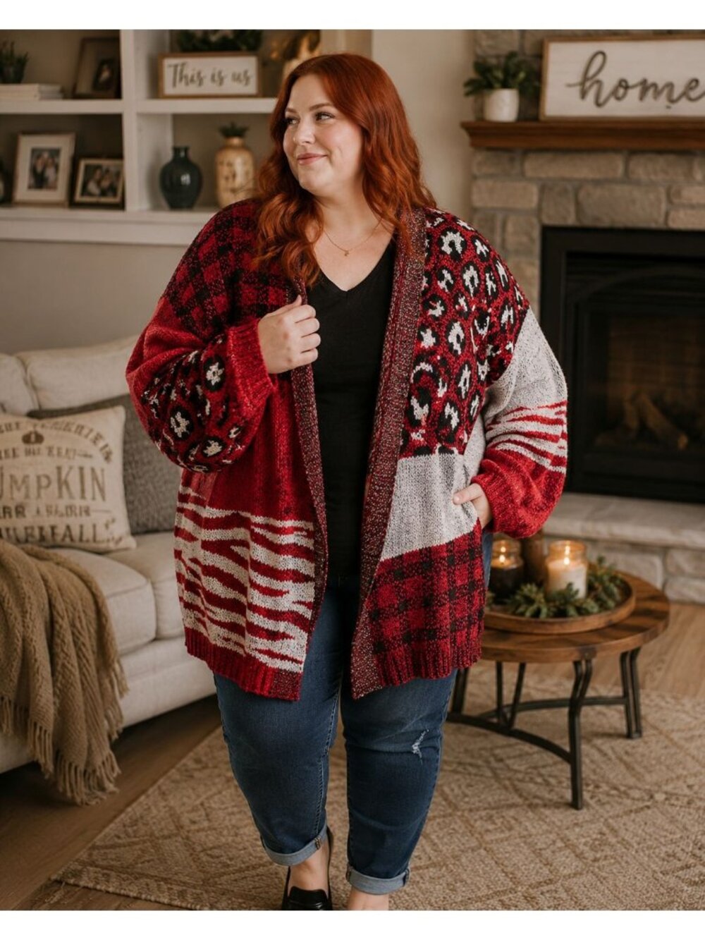 Cato Mixed Animal Print Knit Cardigan Sweater Red Women’s Size 26/28W  Casual
